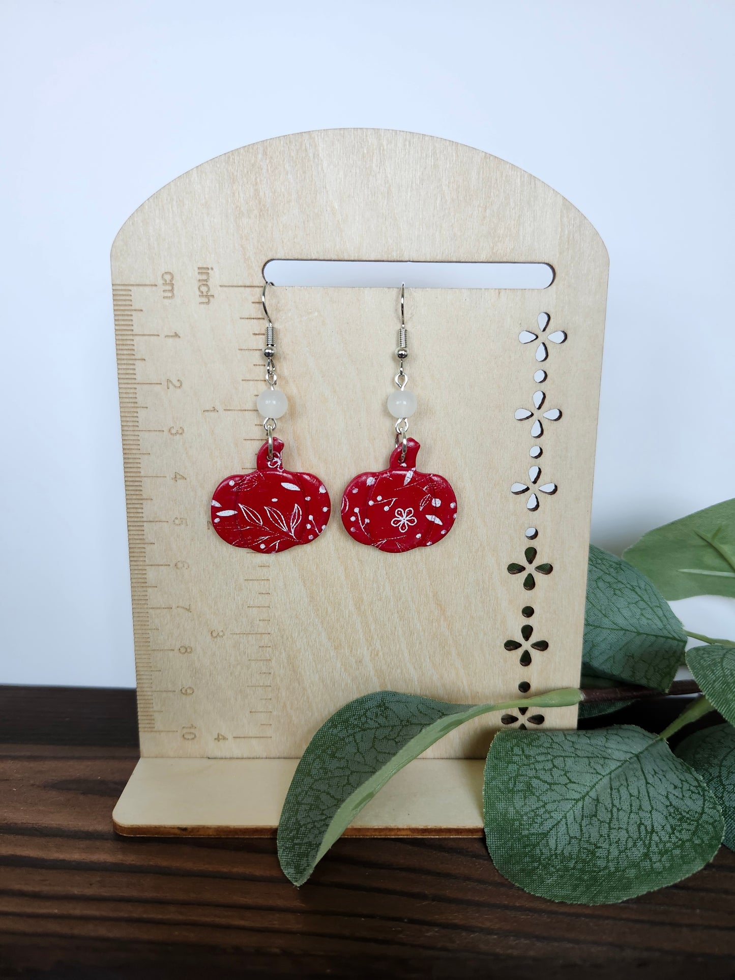 Red Pumpkin with White Floral Ascent Earring