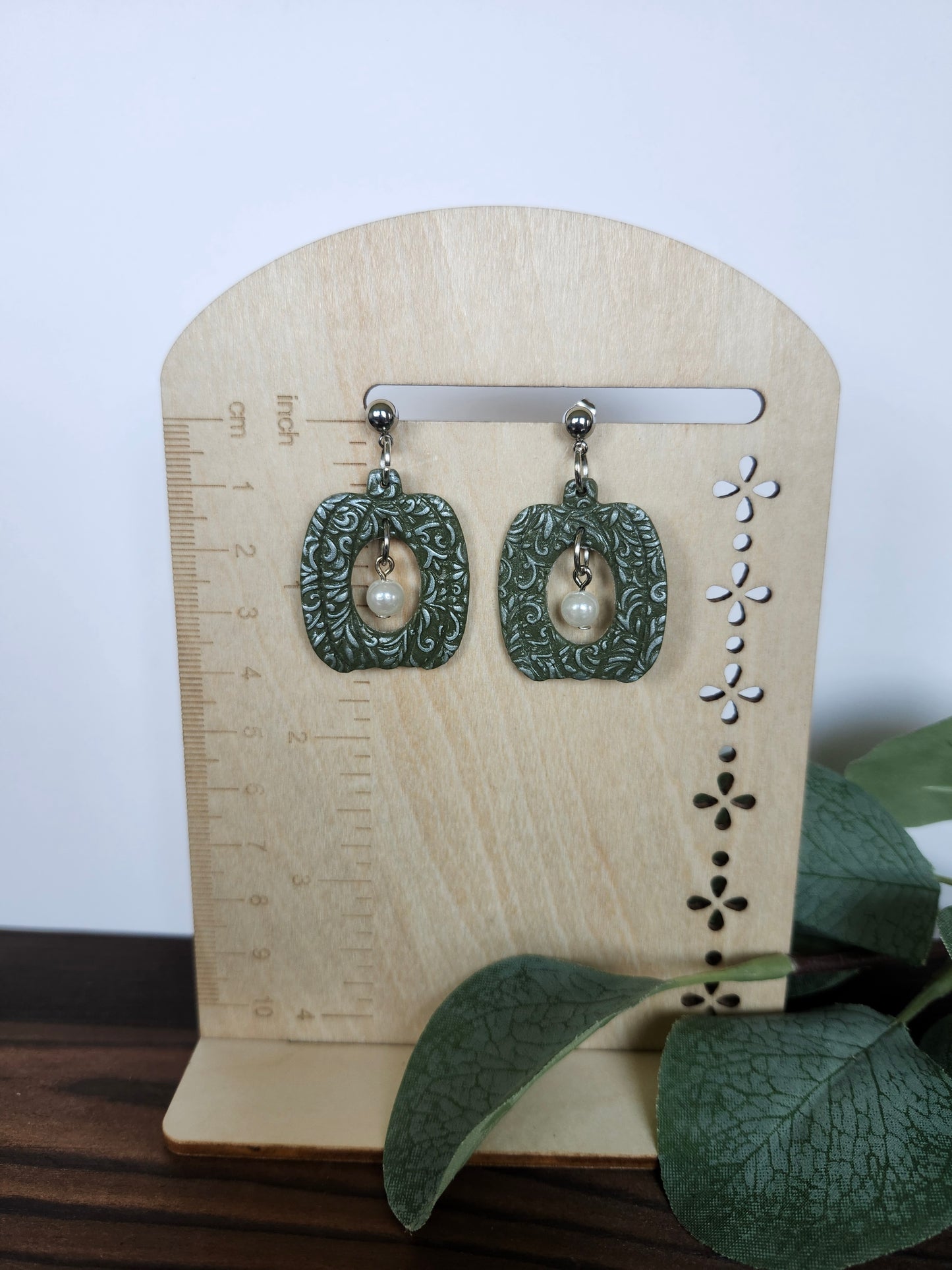 Boho Green Pumpkin with a Pearl Accent Earring
