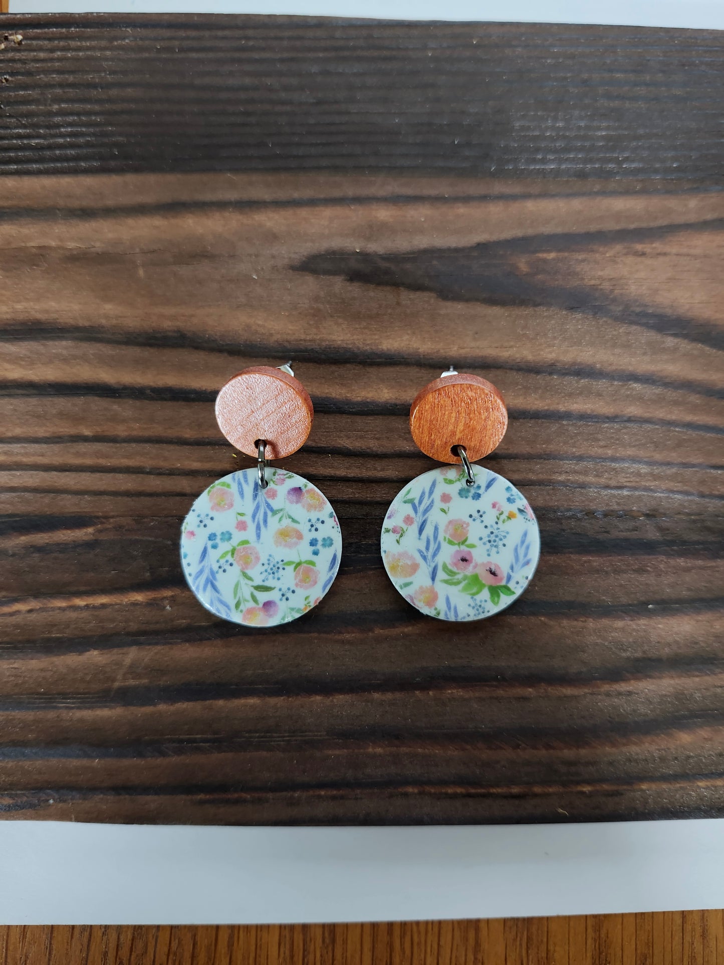 Floral Print Circle Earring with Wood Stud
