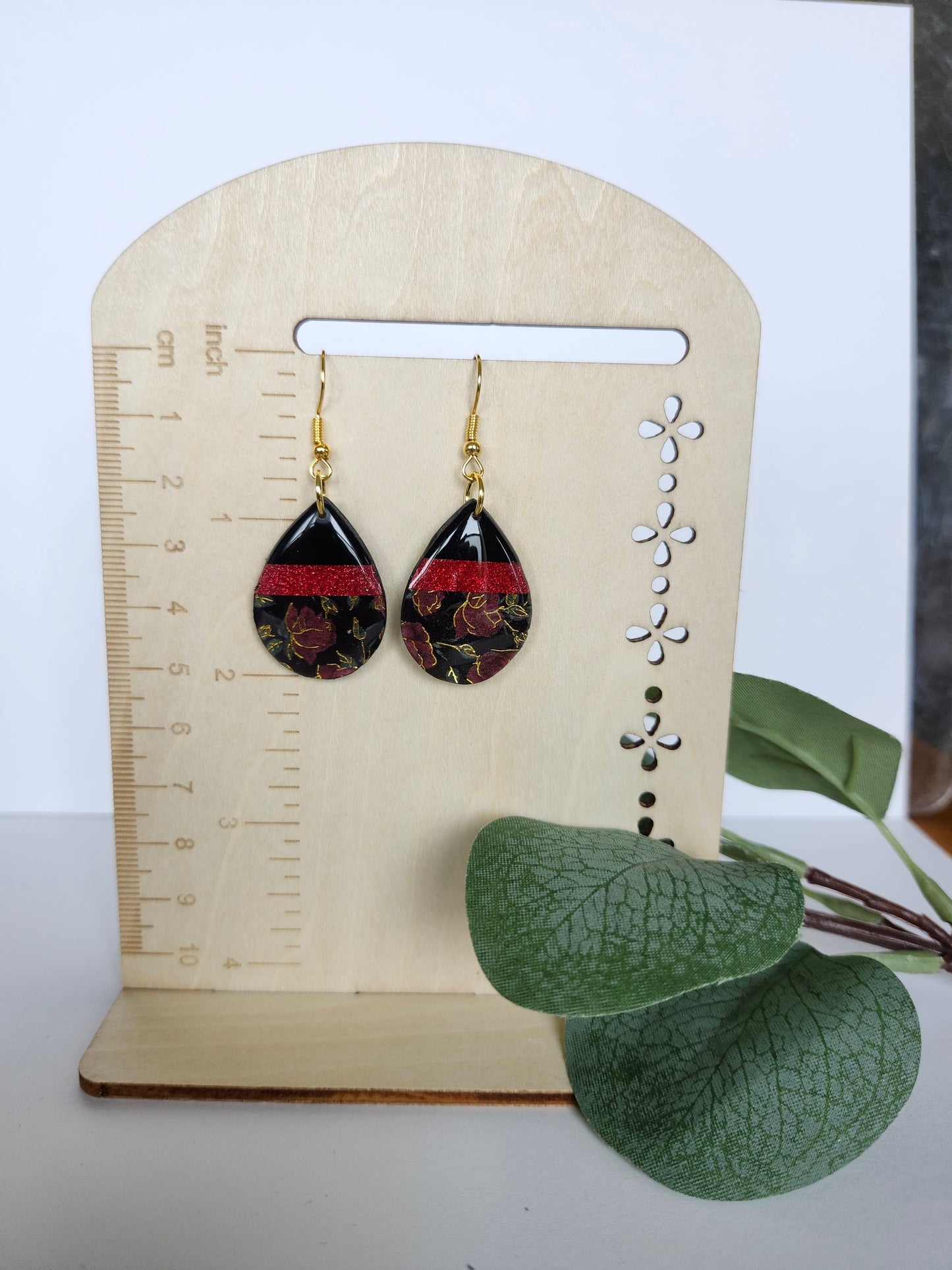 Black Teardrop Earring with Red and Floral Accents