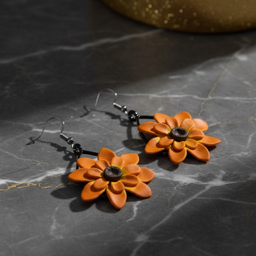 Fun Orange Daisy on Black Bezel Earrings