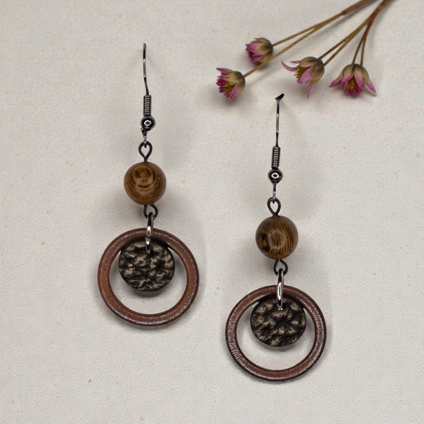 Faux Wood Earrings with Real wooden Beads