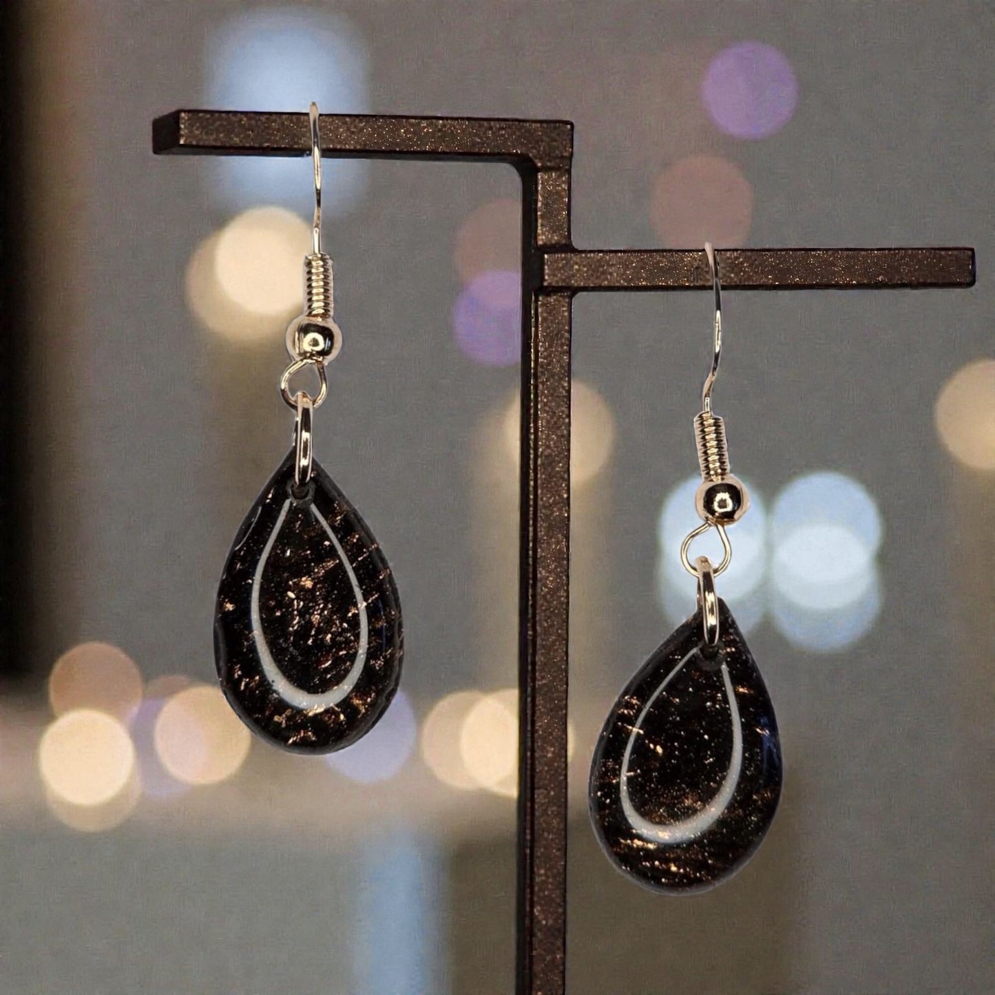 Copper Leaf in Black Teardrop Earrings