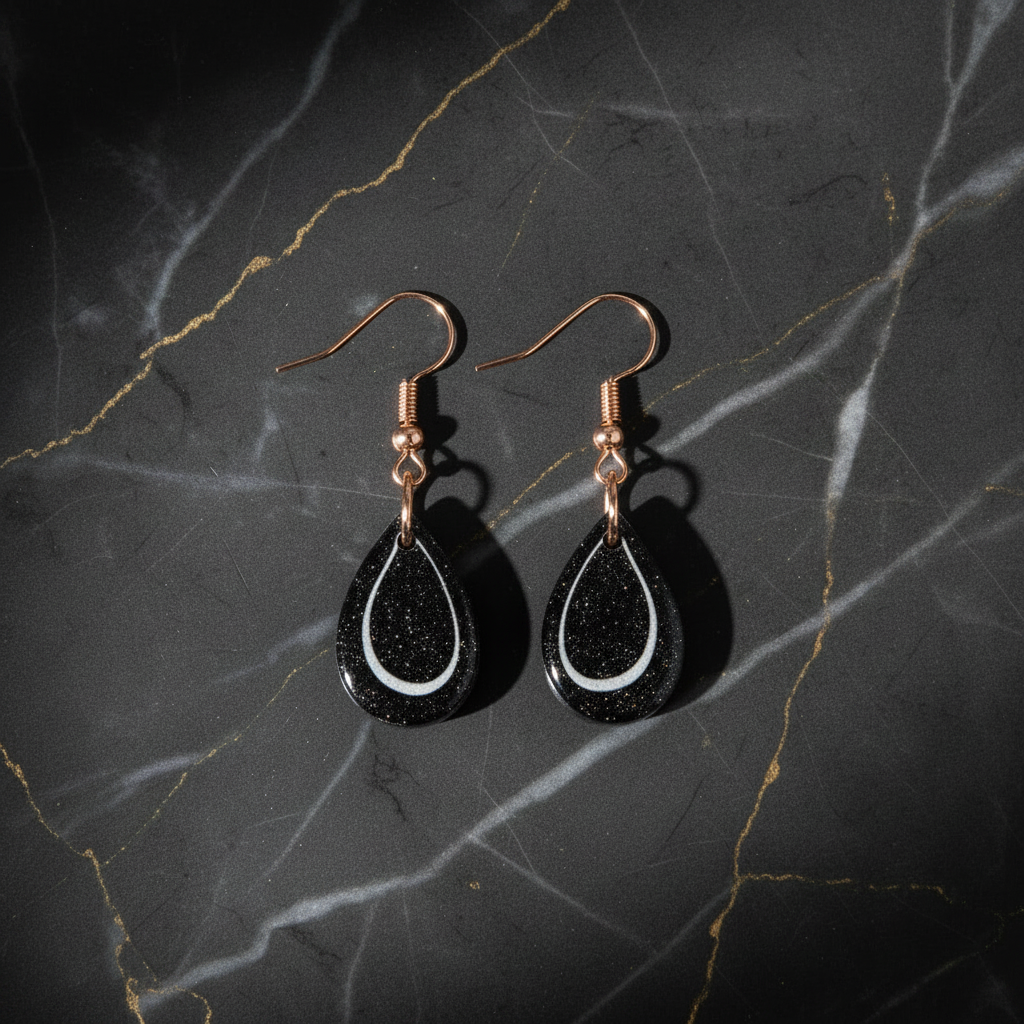 Copper Leaf in Black Teardrop Earrings