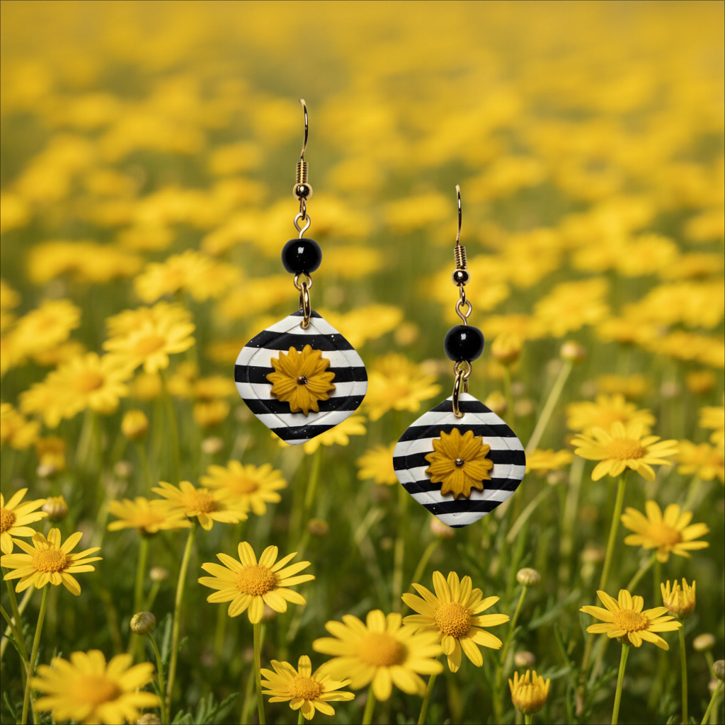 Black and White Stripes with Delicate Yellow Daisy Earrings