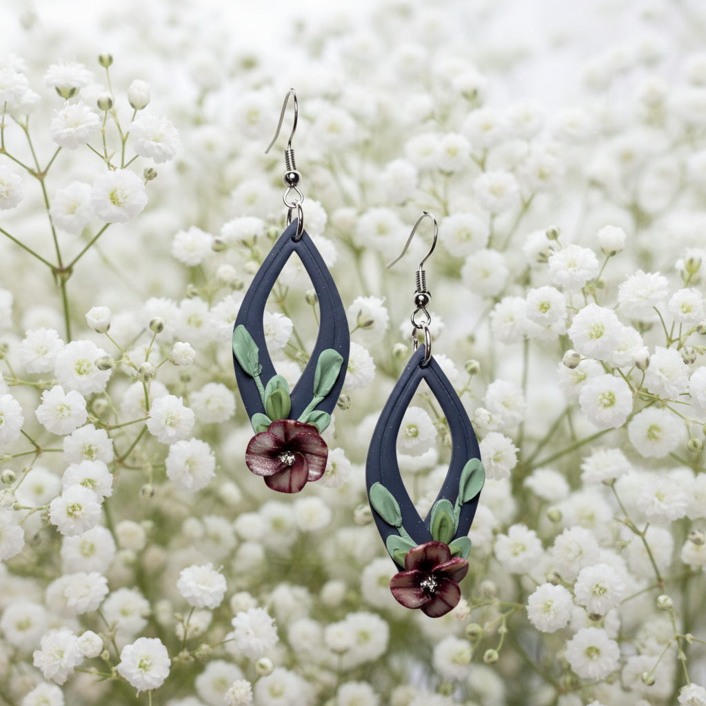 Slate Blue Slender Open Teardrop with Flower Earrings