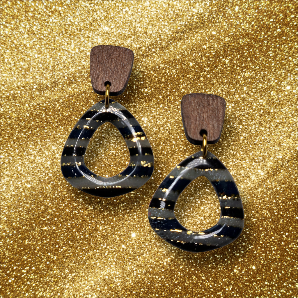 Stripes in Navy Blue Grey and Gold Leaf earrings in Teardrop or Wood top earrings