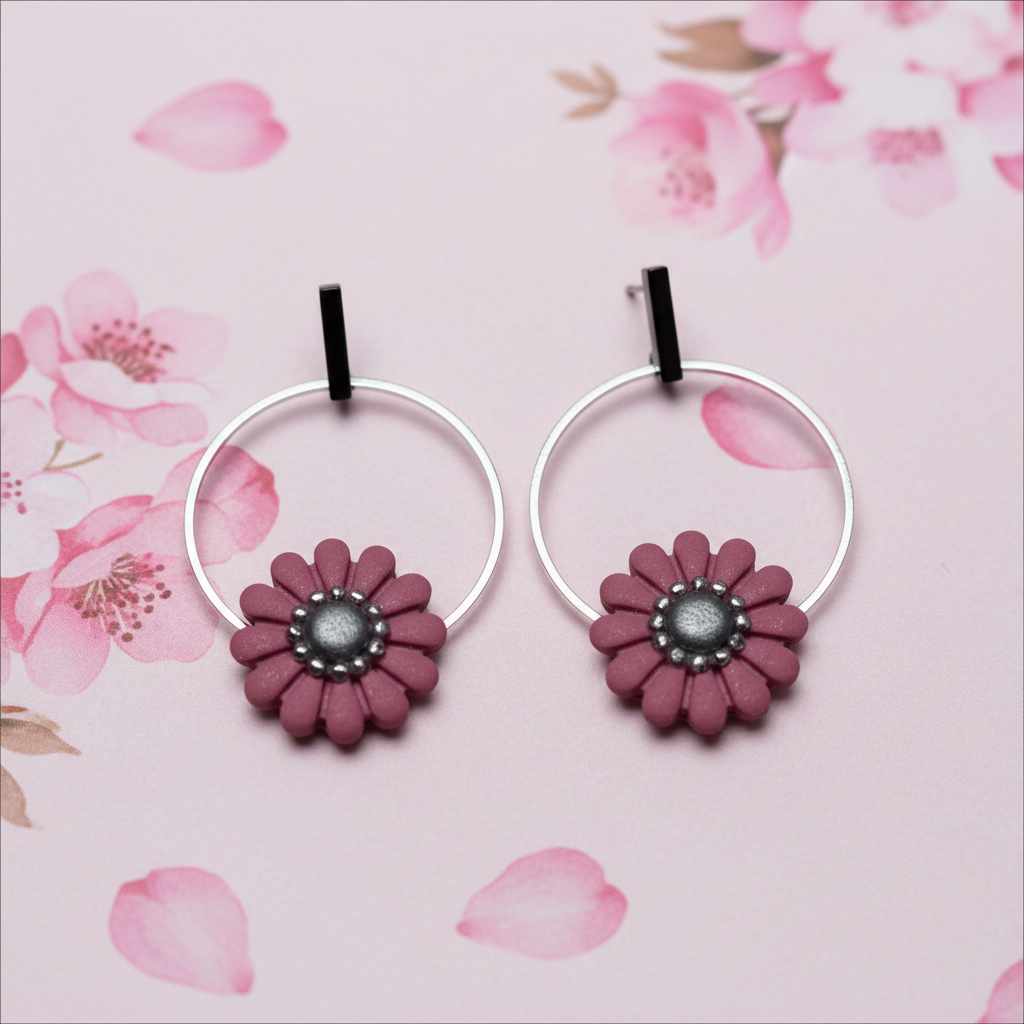 Whimsical Pink Flower on Hoop Earrings
