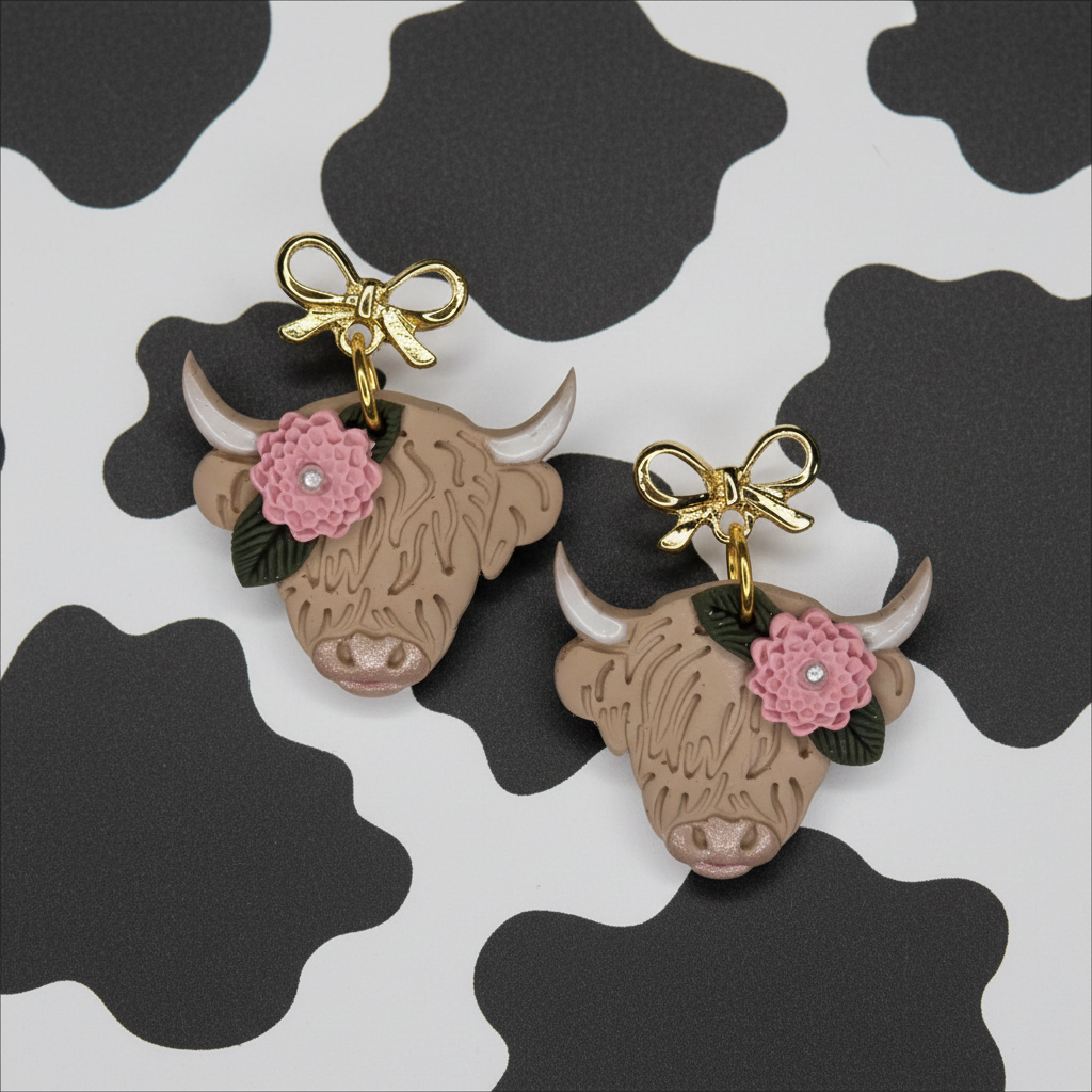 Highland Cow Earrings with Bow Stud