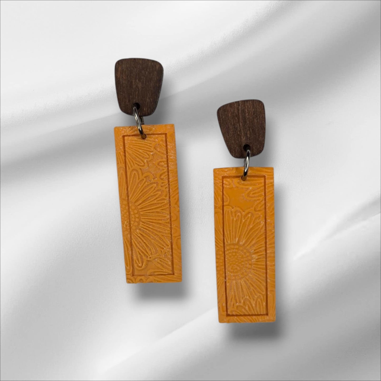 Delicate Flower Embossed Earring with Wooden Accent