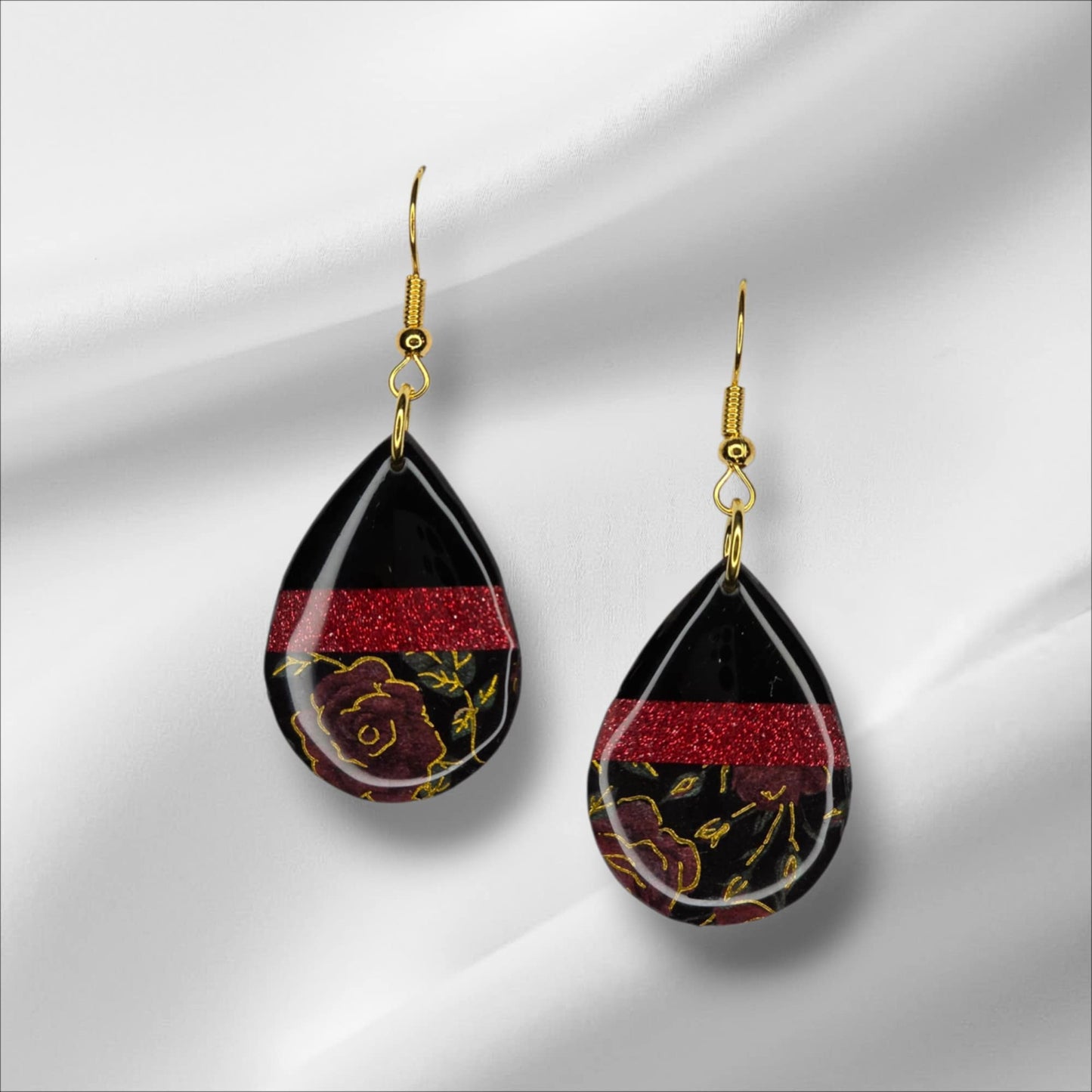 Black Teardrop Earring with Red and Floral Accents