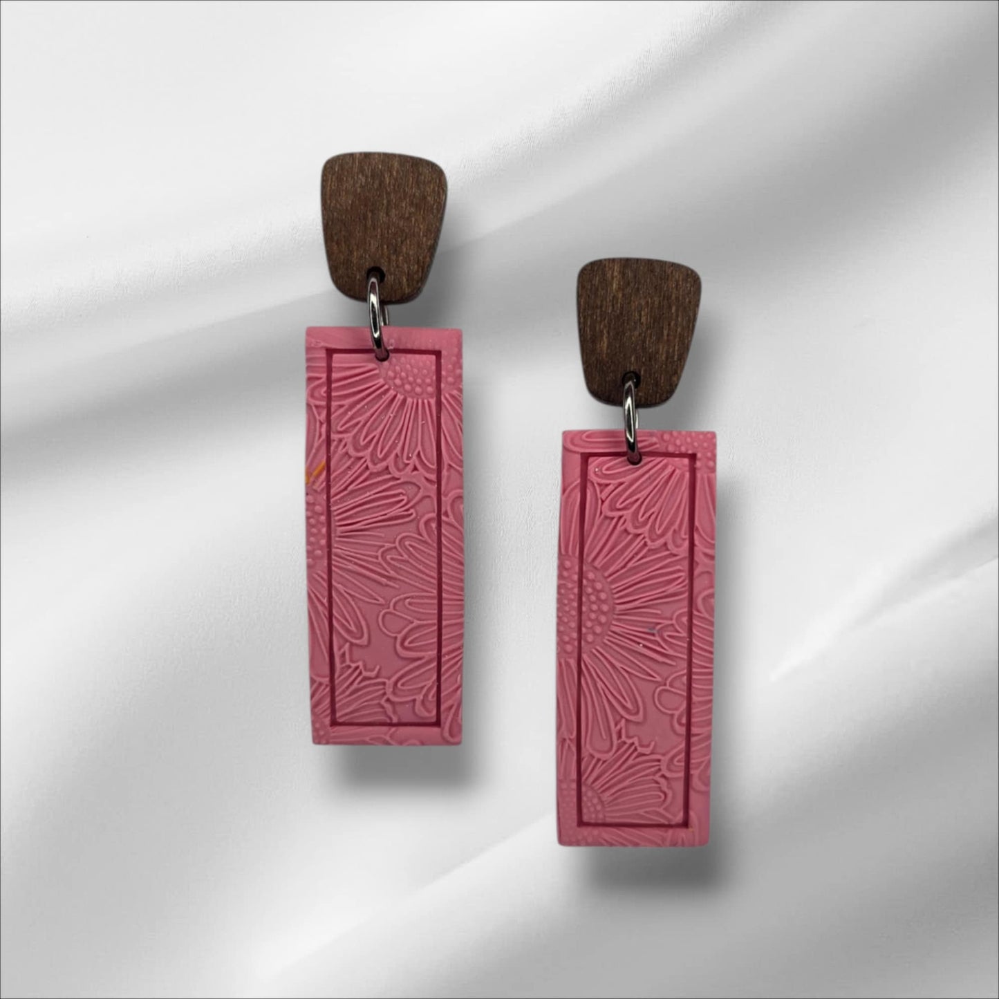 Delicate Flower Embossed Earring with Wooden Accent