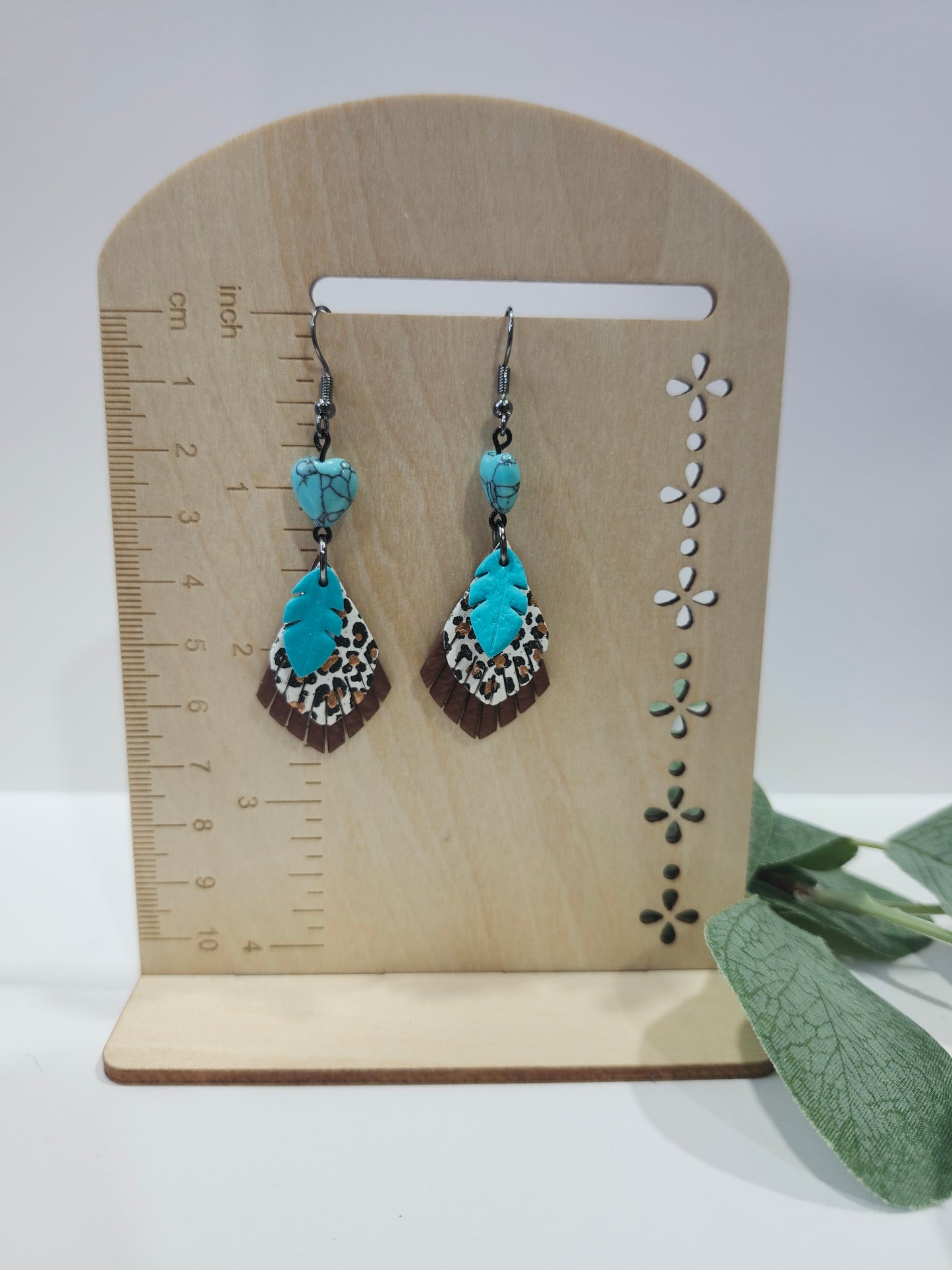 Turqoise Bead and Feather with Cheetah Earring