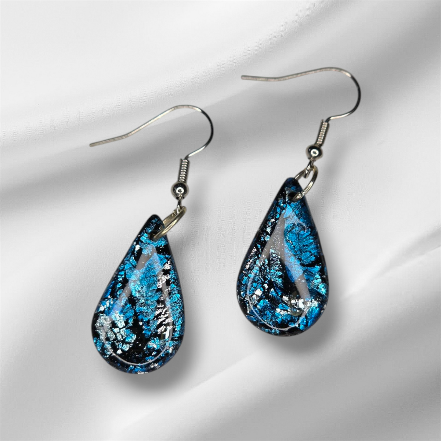 Blue With Silver Foil Fish Hook Earrings