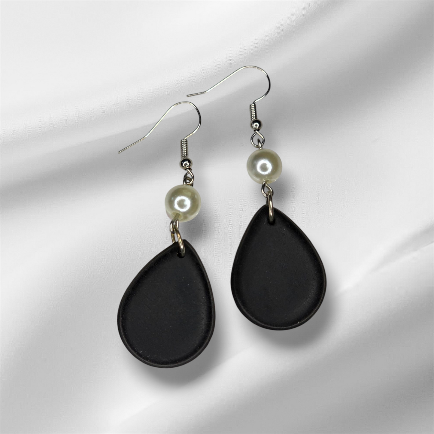 Black With Pearl Teardrop Fish Hook Earrings