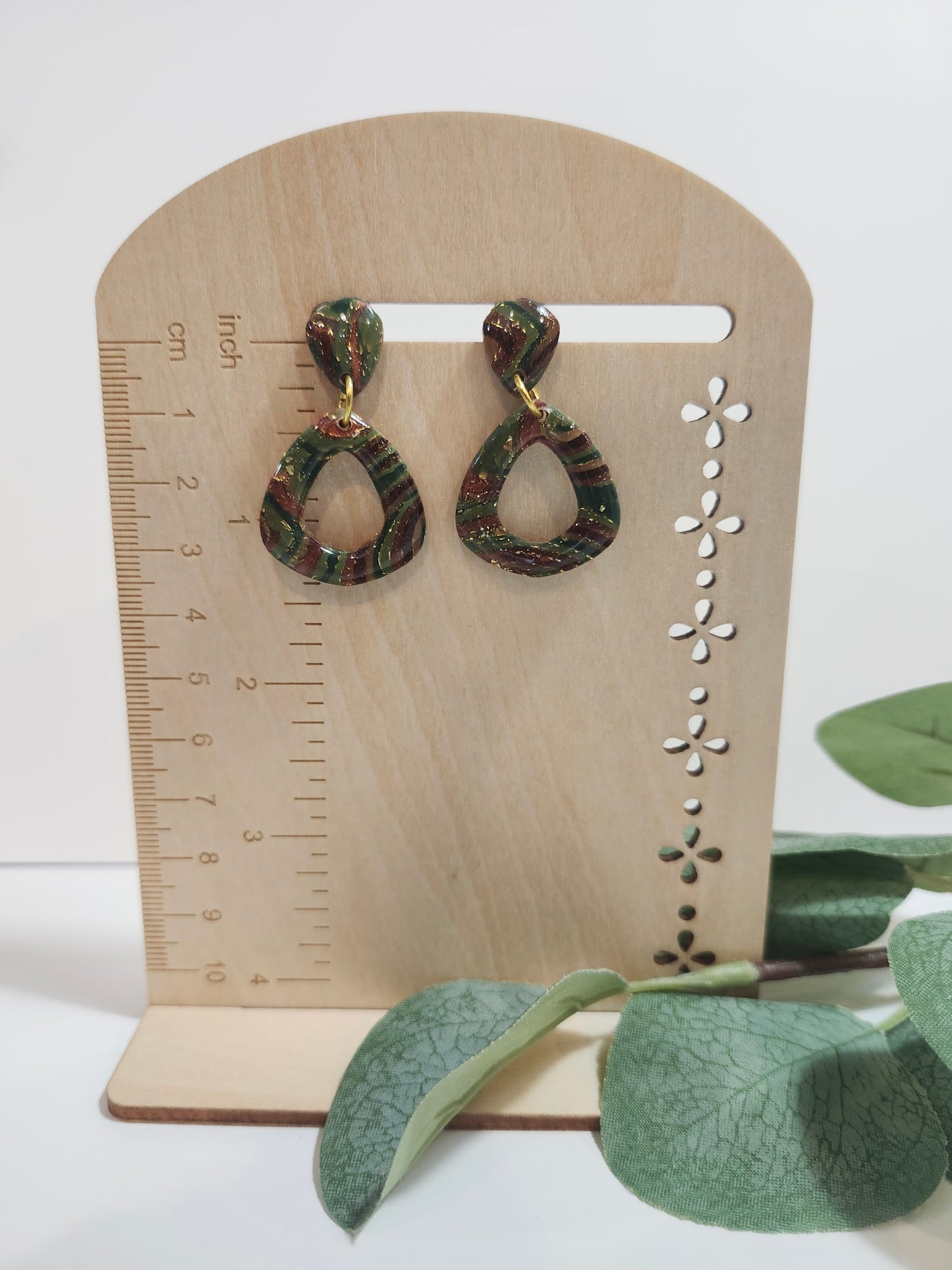 Green with Gold Foil UV Resin Coated Tear Drop Earrings