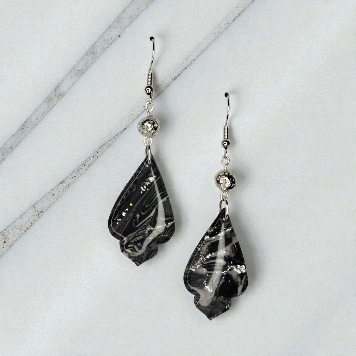 UV Resin Coated Black With Silver Foil With Silver Coated Lava Bead Earrings