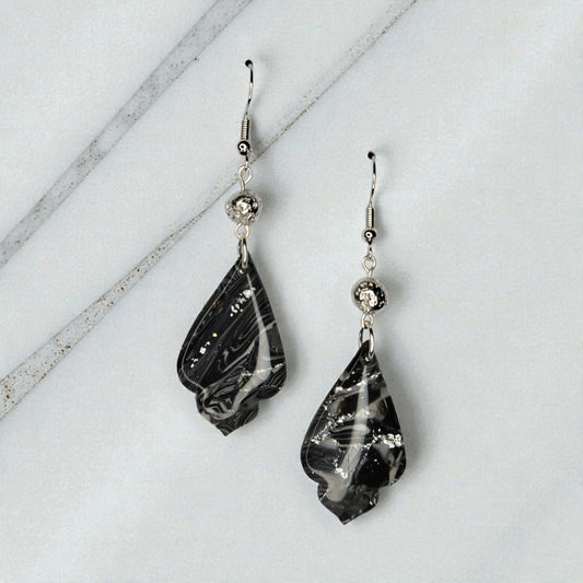 UV Resin Coated Black With Silver Foil With Silver Coated Lava Bead Earrings