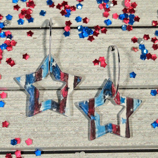 Star Shape with American Flag Print on a Hoop Earring