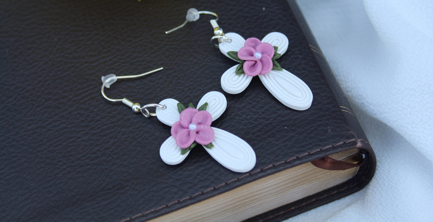 White Cross with Pink Flower Earring