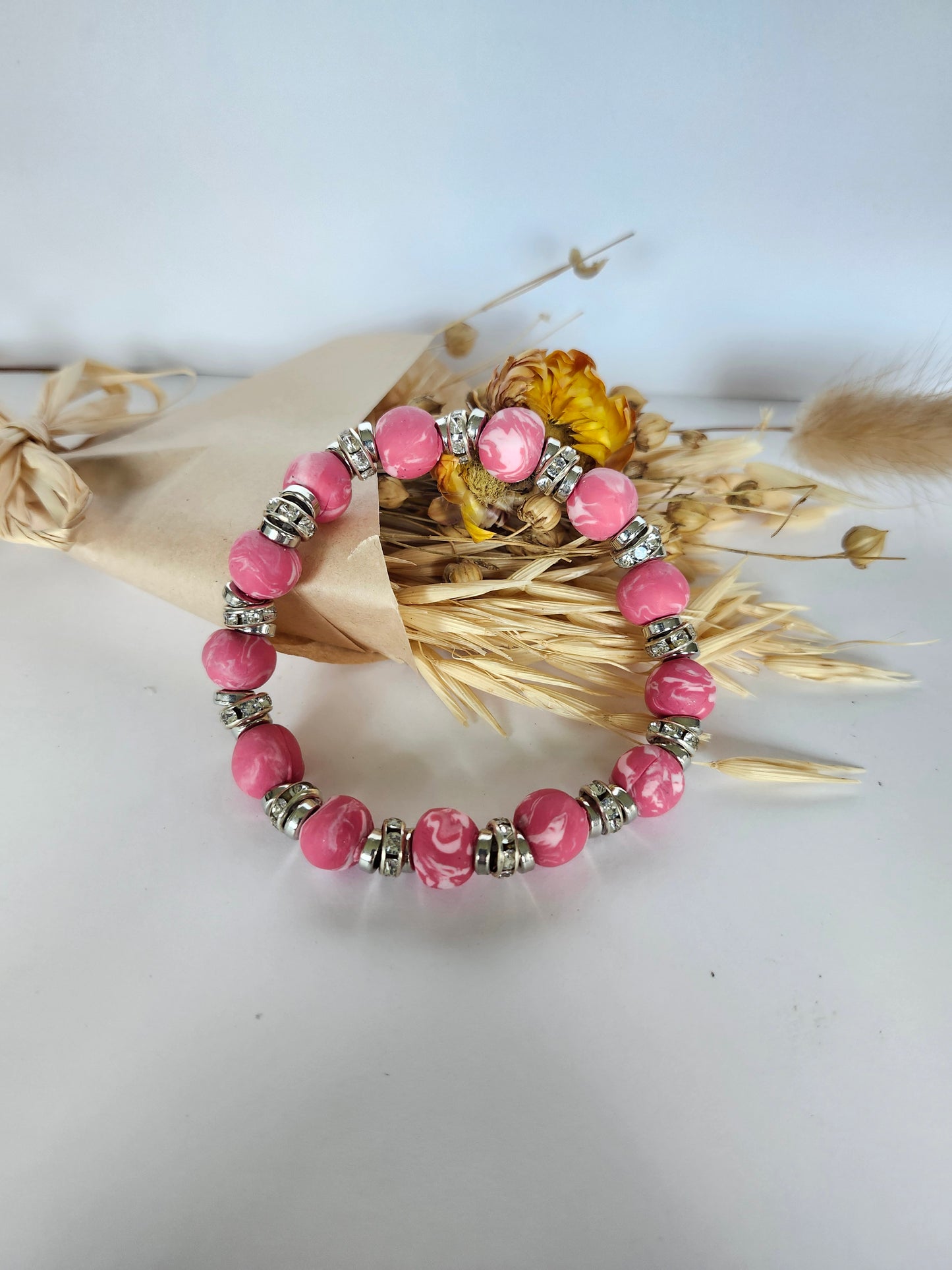Pink and White Marble Bracelet with Rhinestones