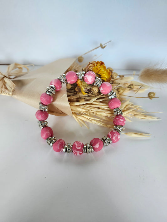 Pink and White Marble Bracelet with Rhinestones