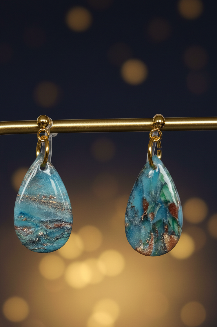 Blue Marble with Gold Flake Silicone Clip on Earring