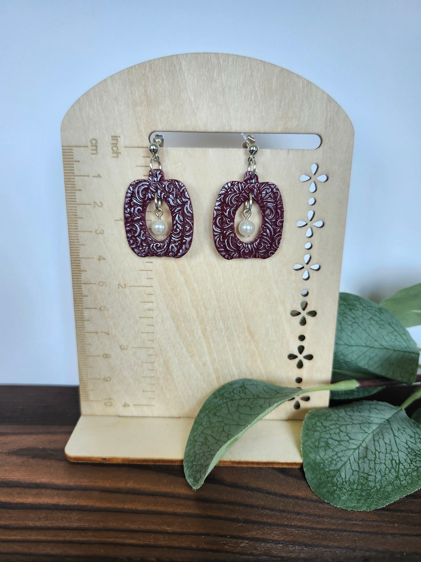 Boho Maroon Pumpkin with a Pearl Accent Earring