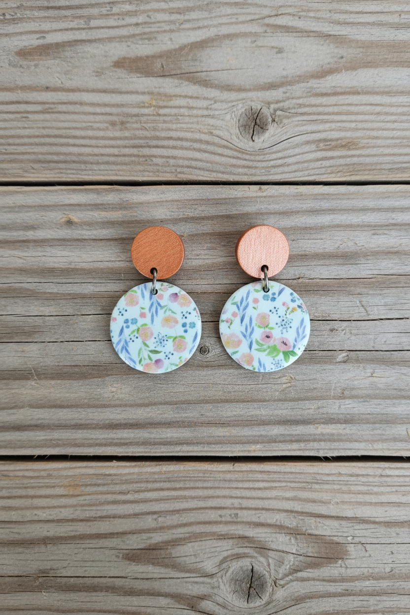 Floral Print Circle Earring with Wood Stud