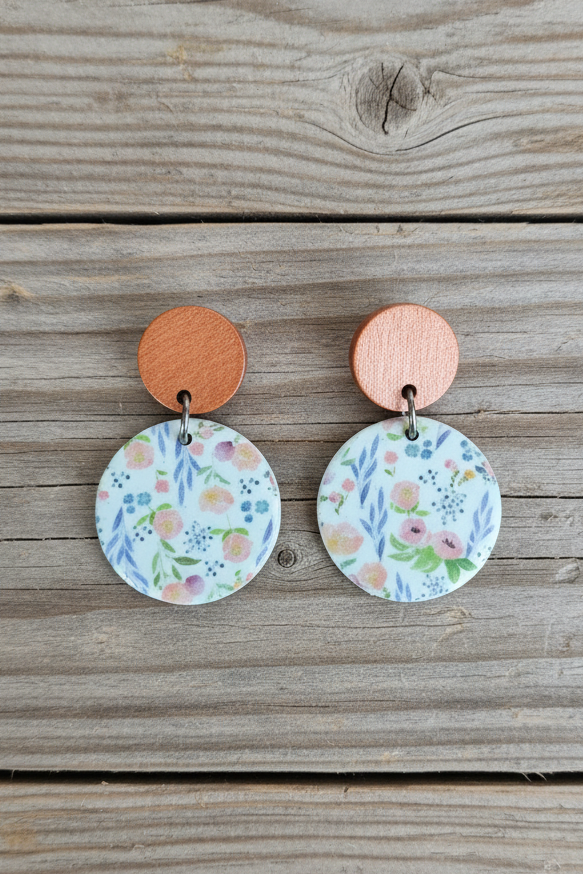 Floral Print Circle Earring with Wood Stud