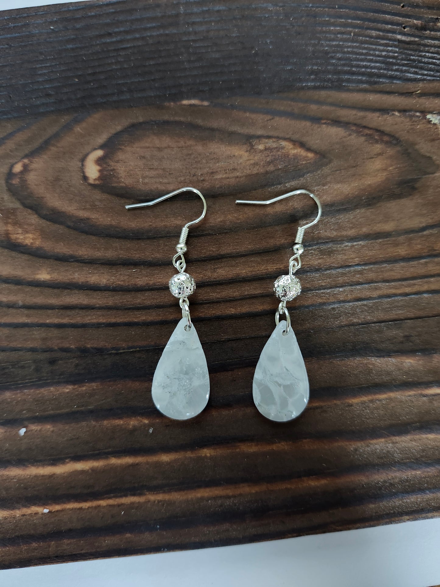Silver Coated Lave Bead, White with silver Leaf Earrings