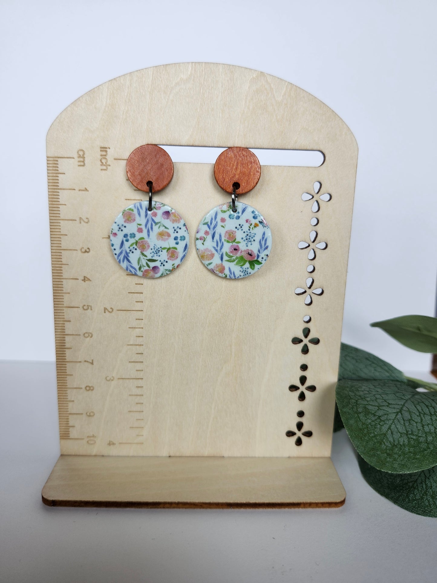 Floral Print Circle Earring with Wood Stud