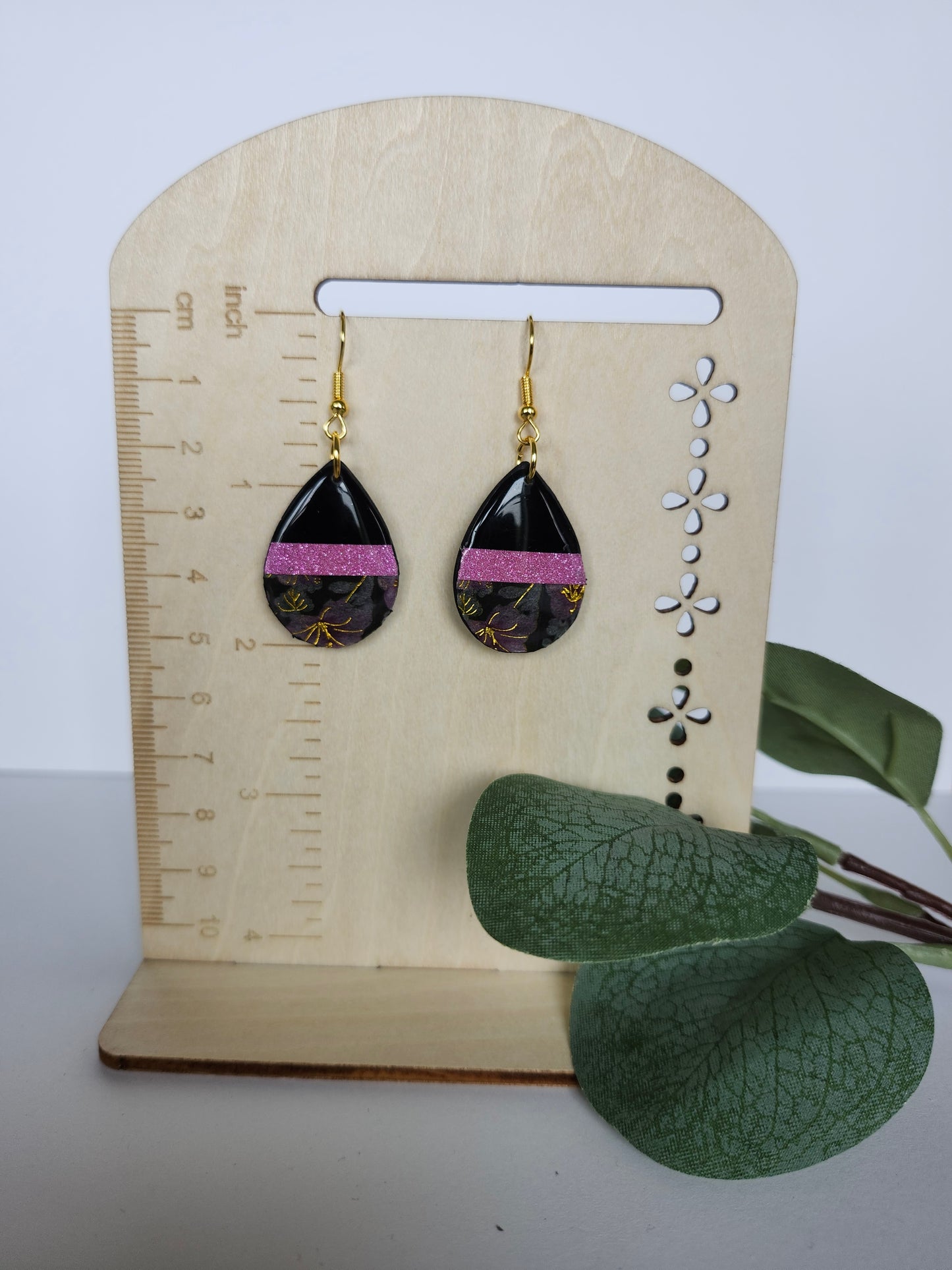 Black Teardrop Earring With Pink and Floral Accents