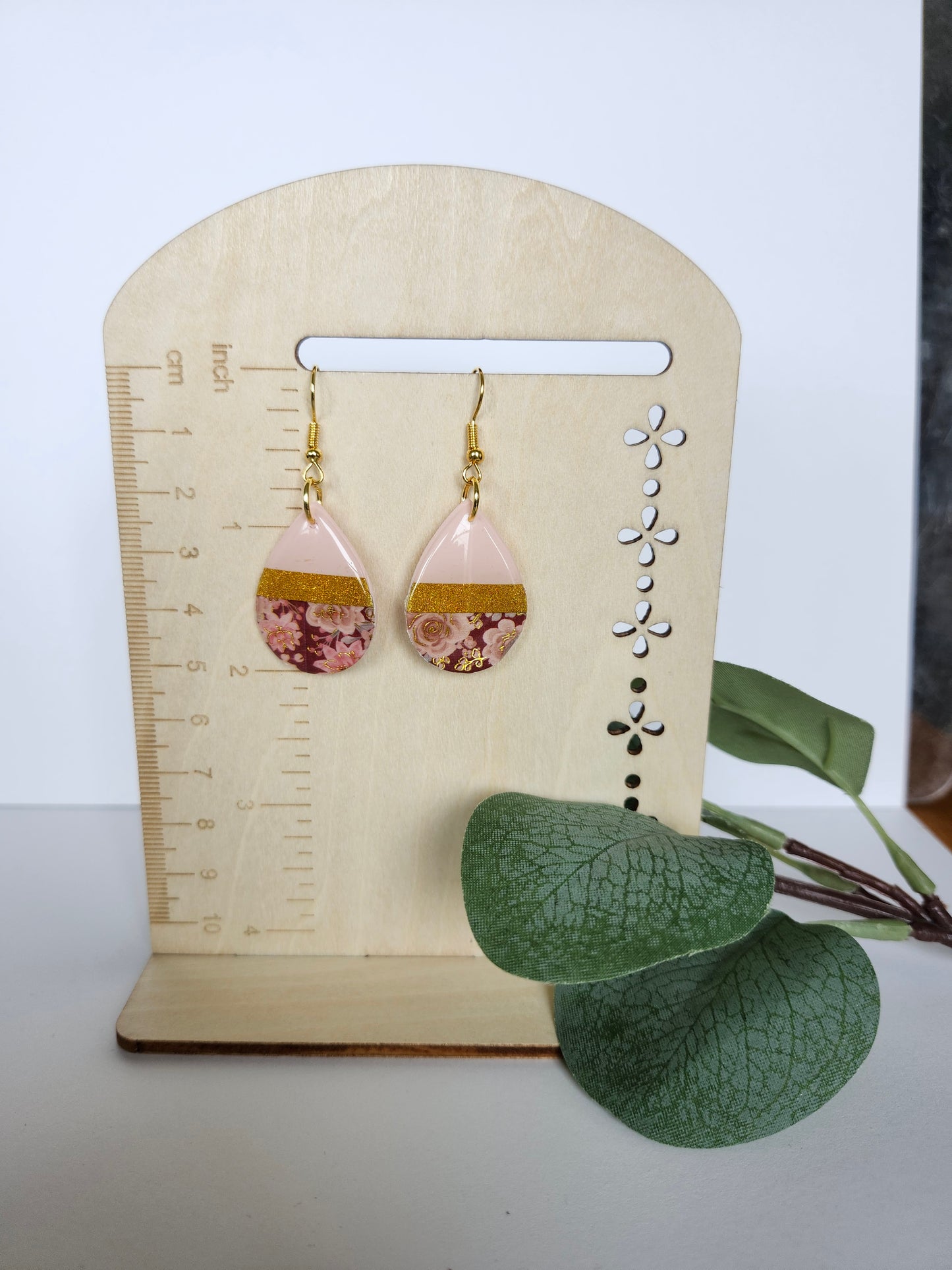 Pink Teardrop Earring with Gold and Floral Accents