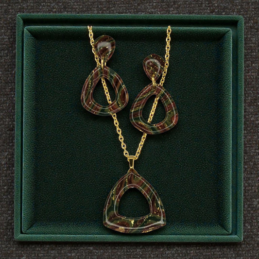 UV Resin Coated Green with Metal Colors and Gold Leaf Earring and Necklace Set