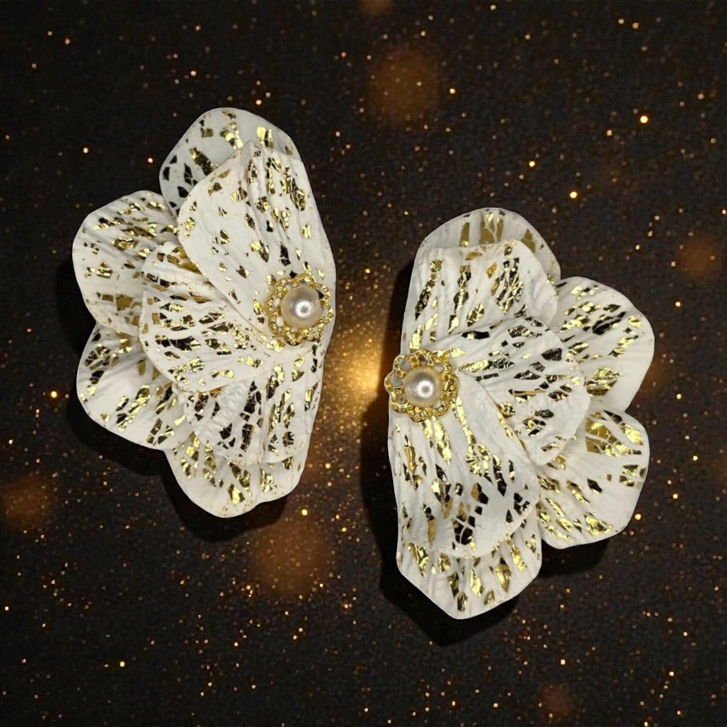 White and Gold Flower stud with a Pearl Center