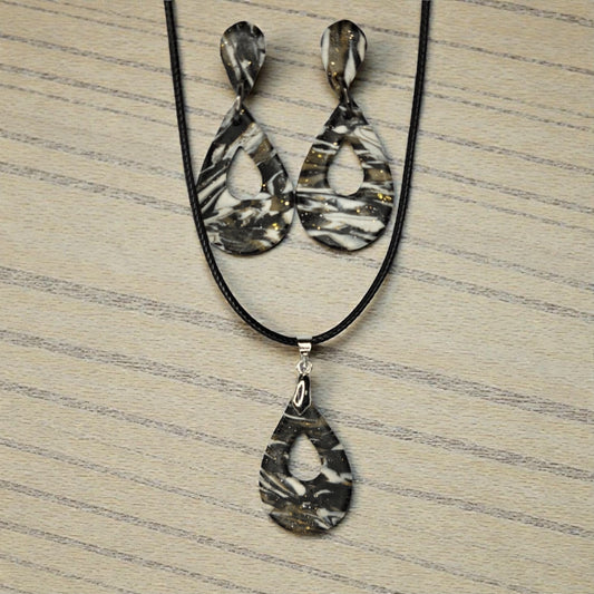 Braided Leather Cord Necklace In Black, White and Silver Leaf Earrings