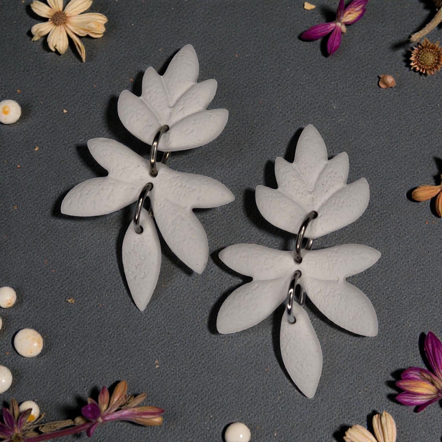 Soft Grey Tiered Leaf Earrings