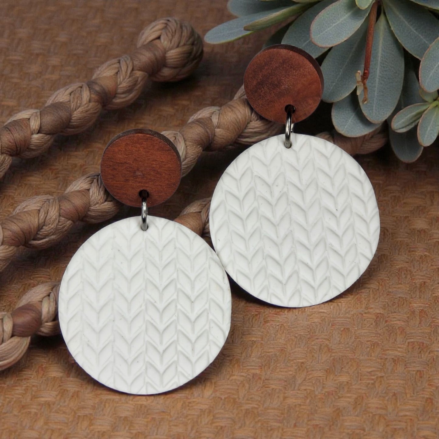 Textured White Round Earrings