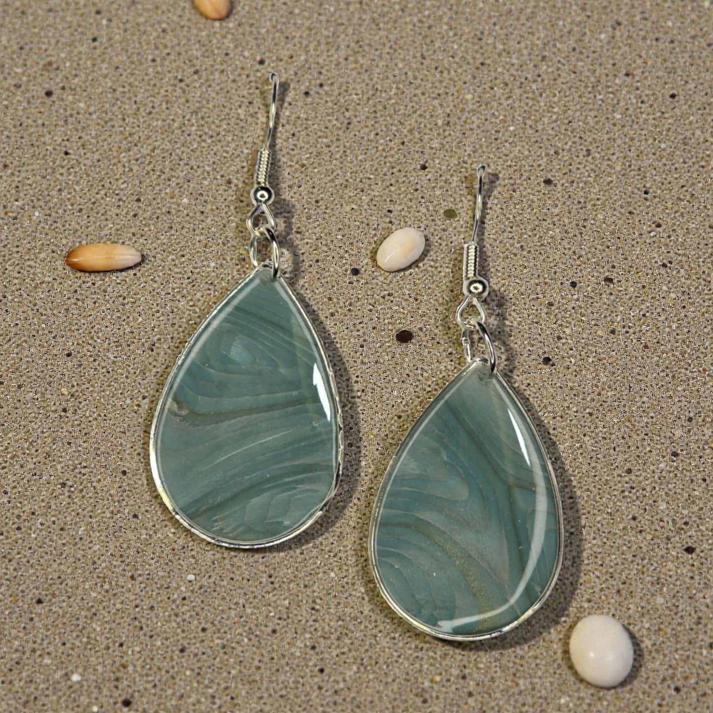 Teal Marble Teardrop Earring with a Silver Bezel