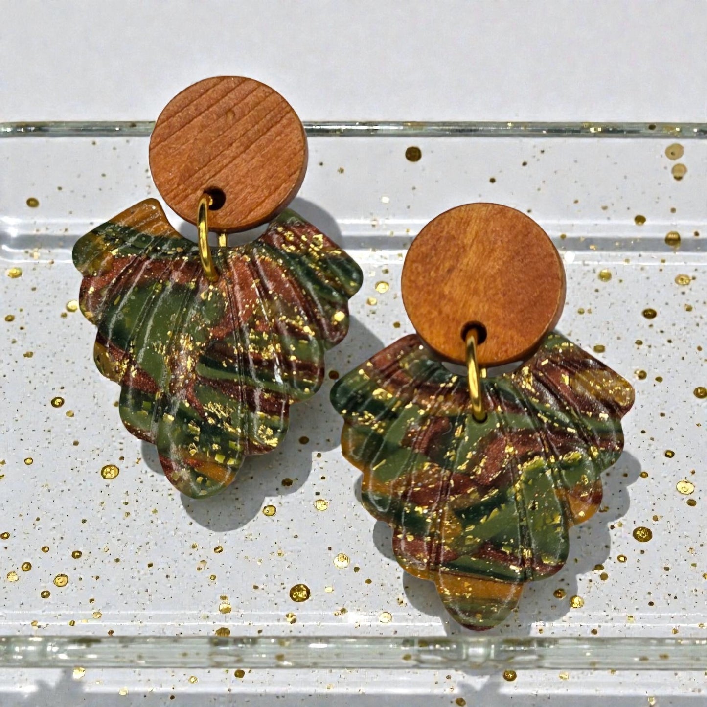 Wooden stud Green, Bronze and Gold Earrings