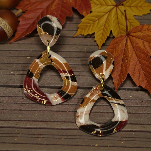 UV Resin Coated Browns, Deep Red and Gold With Gold Foil Earrings