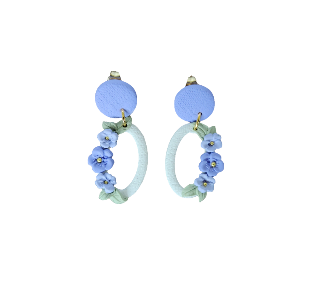 Delicate Flowers on a White Oval Earring