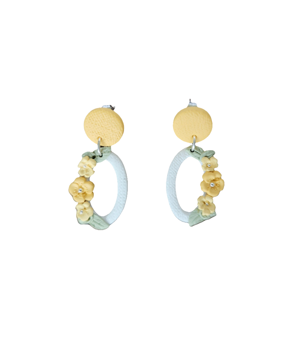 Delicate Flowers on a White Oval Earring