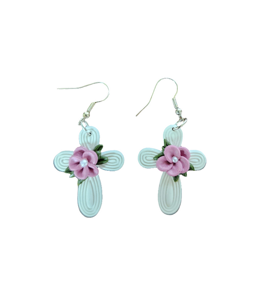 White Cross with Pink Flower Earring
