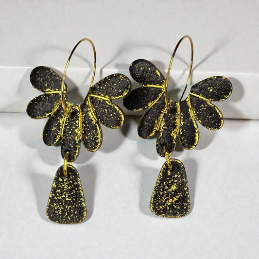 Black With Gold Leaf Hoop Earrings