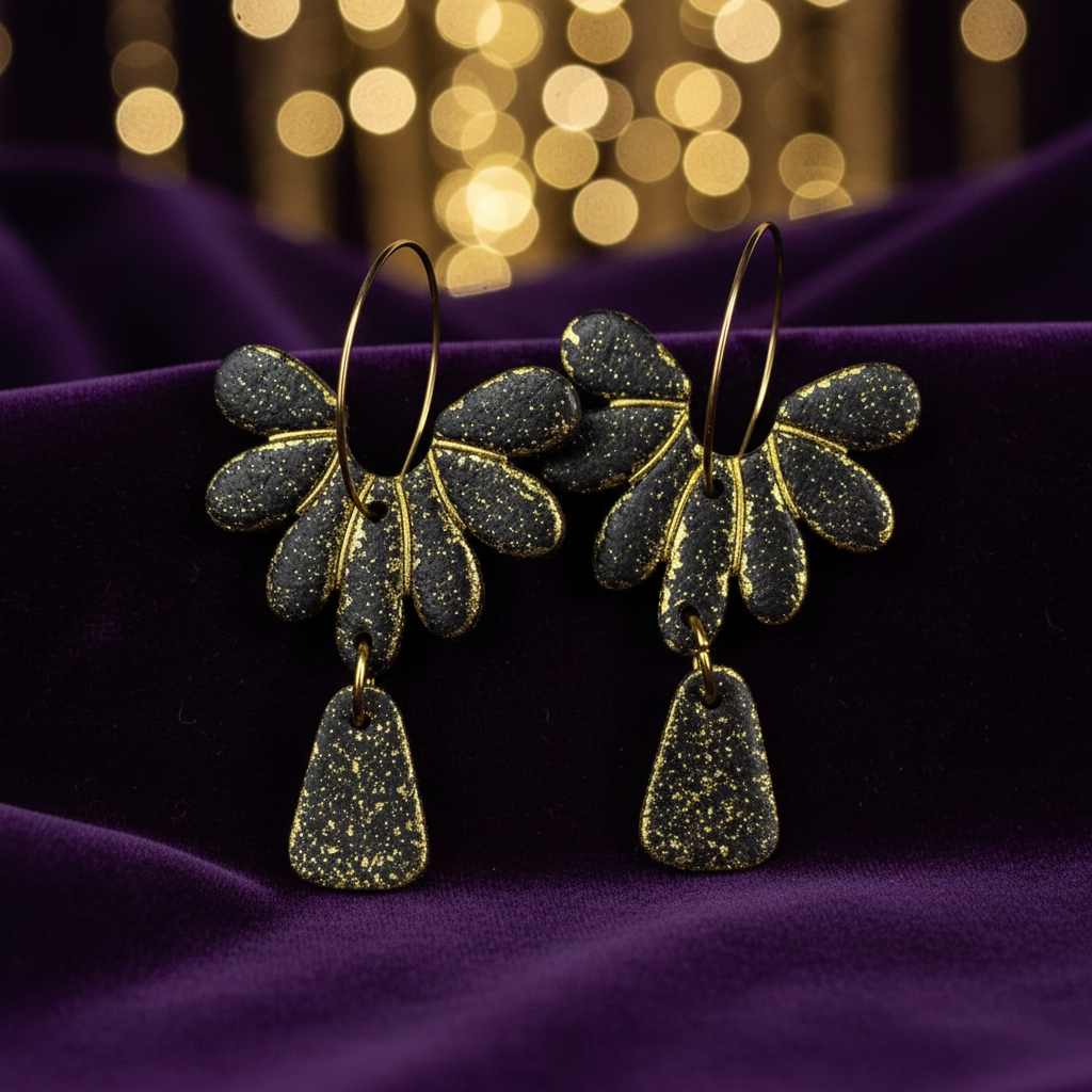 Black With Gold Leaf Hoop Earrings