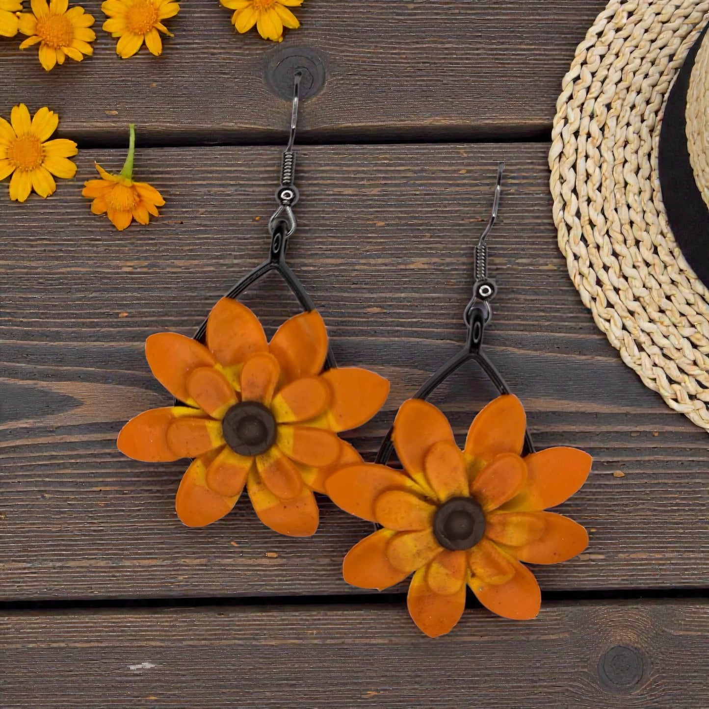 Fun Orange Daisy on Black Bezel Earrings