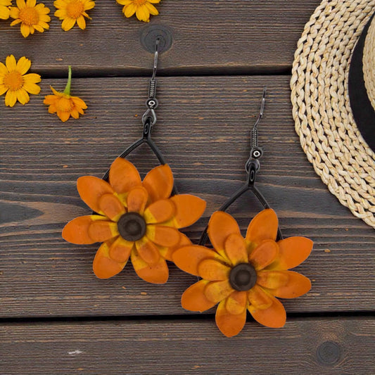 Fun Orange Daisy on Black Bezel Earrings