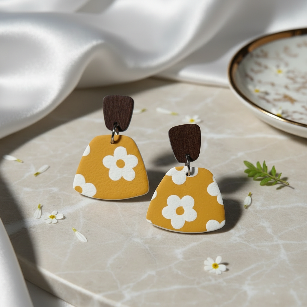 Sweet Deep Yellow with White Flowers Earrings